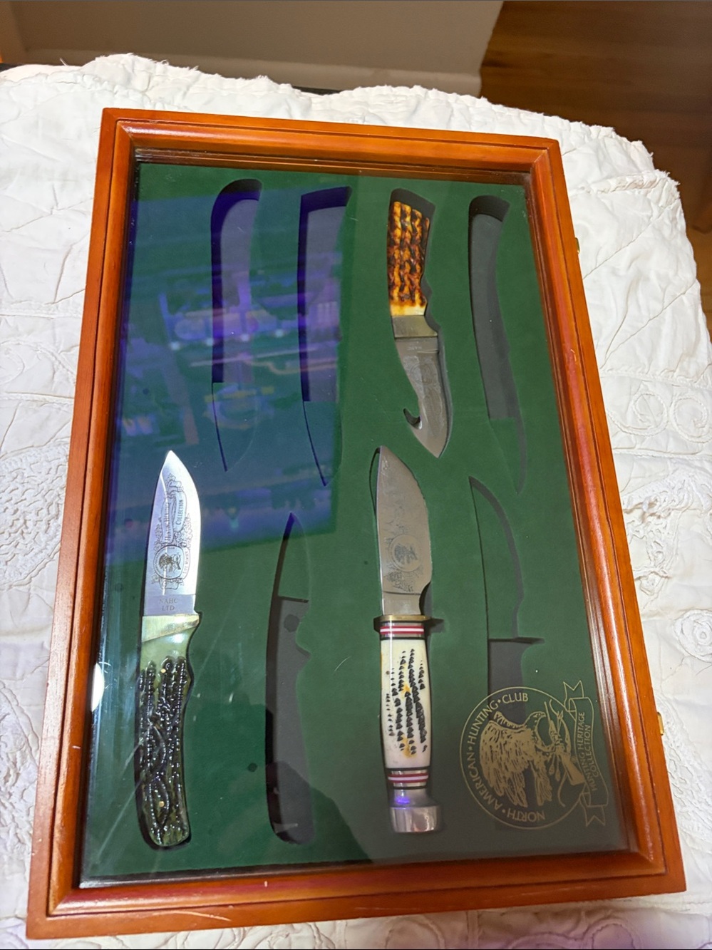 North American Hunting Club Collectors Wood Shadow Box with Green Felt Insert.